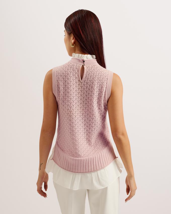 Gilet Ted Baker Ruffle Neck Knit With Hem Rose Femme | TSL-98982489